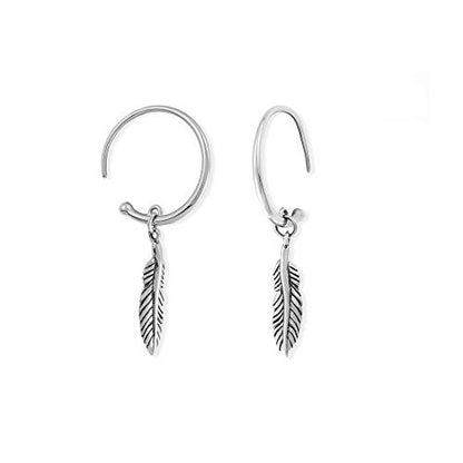 Boma Jewelry Sterling Silver Bohemian Tribal Feather Drop Pull Through Hoop Earrings