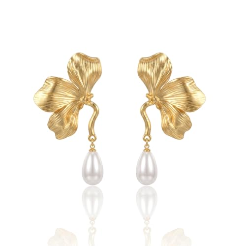 Chunky Gold Plated Flower Statement Drop Earrings for Women | Hypoallergenic 18K Gold Plated Textured Petal Wing, Large Statement Dangle Earrings for Wedding Party - color: Three Petals Pearl