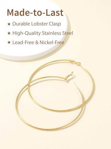 FindChic Thin Hoop Earrings for Women,Silver/Black/Gold Plated 20-100mm - color: Gold, size: 90mm