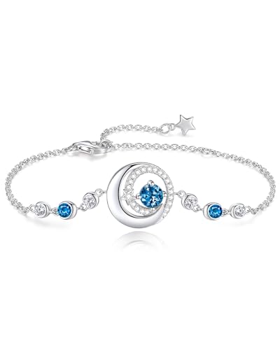 FANCIME Birthstone Bracelets 925 Sterling Silver Moon and Star Bangle Charm Bracelet Fine Jewelry Anniversary Birthday Mothers Day Gifts for Mom Her Women, Adjustable Chain 6.7"+1.2" Extend - color: link-12-london blue topaz
