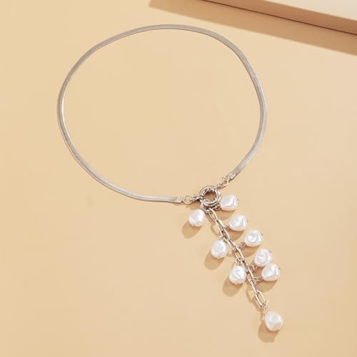 Women's Baroque Beaded Y Necklace, Trendy Pendant Long Choker, Simple Daily Wear Jewelry Gift - color: Silver