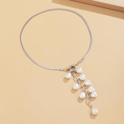 Women's Baroque Beaded Y Necklace, Trendy Pendant Long Choker, Simple Daily Wear Jewelry Gift - color: Silver