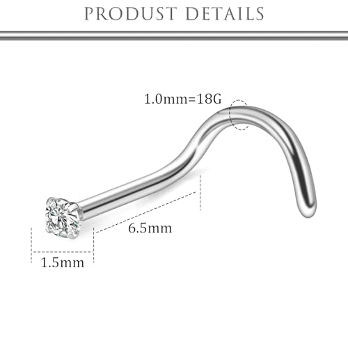 Hoeudjo Nose Studs Surgical Steel Cubic Zirconia Nose Rings Kit for Women Men Tiny Nose Stud Bone & Screw & L Shaped Nostril Piercing Jewelry 24/22/20/18 Gauge 10 Pieces - color: silver-tone,screw nose studs, size: 18g/1.5mm clear CZ