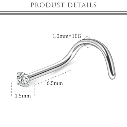 Hoeudjo Nose Studs Surgical Steel Cubic Zirconia Nose Rings Kit for Women Men Tiny Nose Stud Bone & Screw & L Shaped Nostril Piercing Jewelry 24/22/20/18 Gauge 10 Pieces - color: silver-tone,screw nose studs, size: 18g/1.5mm clear CZ