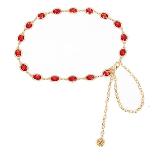 ILuvatar Green Glass Diamond Chain Belt - Metal Women's Western Style Dress Belt - color: Red-8