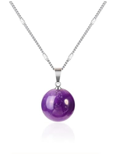Jovivi Amethyst Obsidian Healing Crystals Ball Necklace for Women Men | 14mm Natural Stone Round Ball Bead Necklace Handmade Gemstone Pendant Protection Crystals Birthstone Jewelry - color: Amethyst