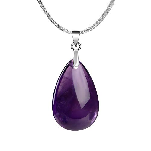 iSTONE 925 Sterling Silver Natural Crytral for Womens Pendant Necklace, Gemstone Birthstone with 17.8" Silver Chain Ladies - color: Amethyst