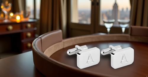 18K White-Gold Plated Initial Engraved Stainless Steel Men’s Cufflinks With Gift Box -Personalized Alphabet Letter’s A-Z By Lux & Pair - style: A- White Gold