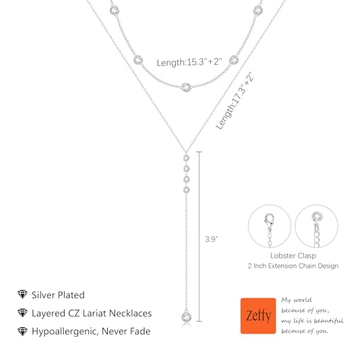 Zeffy Lariat Gold Necklace for Women, Dainty Long Necklace 14k Gold/Silver Plated Layered CZ Beaded Bar Chain Y-Shaped Body Chain Stack Drop Wedding Necklace Trendy Simple Gold Jewelry Gifts - color: Silver CZ Layered Y Necklace(2PCS)