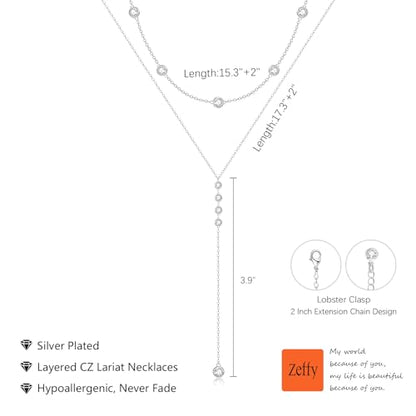 Zeffy Lariat Gold Necklace for Women, Dainty Long Necklace 14k Gold/Silver Plated Layered CZ Beaded Bar Chain Y-Shaped Body Chain Stack Drop Wedding Necklace Trendy Simple Gold Jewelry Gifts - color: Silver CZ Layered Y Necklace(2PCS)