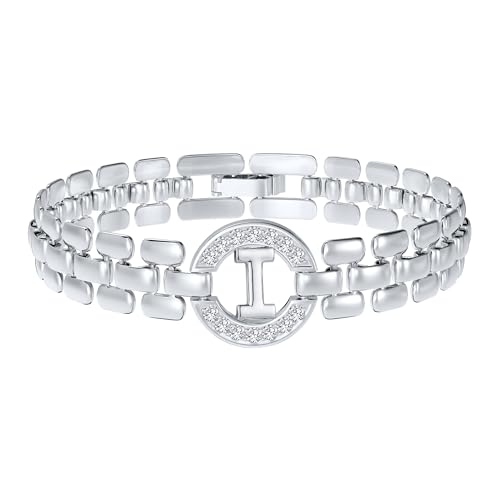 WEDDINEN Initial Bracelets for Women, 14K Gold Plated Letter A-Z Bracelets with Diamonds,Thick Chain Bracelet for Women trendy Jewelry Gifts - color: Silver-I