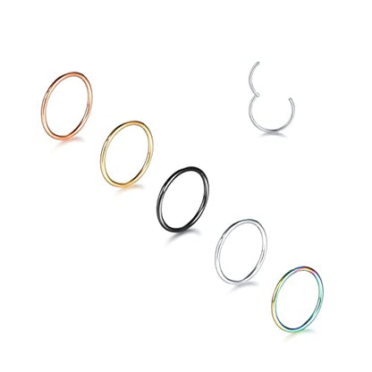 Aumeo 14G 16G 18G 20G Nose Ring Hoop Stainless Steel Hinged Segment Rings Hoops Nose Clicker Ring Tragus Helix Cartilage Daith Rook Earring Piercing Jewelry for Women Men - style: 5pcs 20g 8mm mixed colors