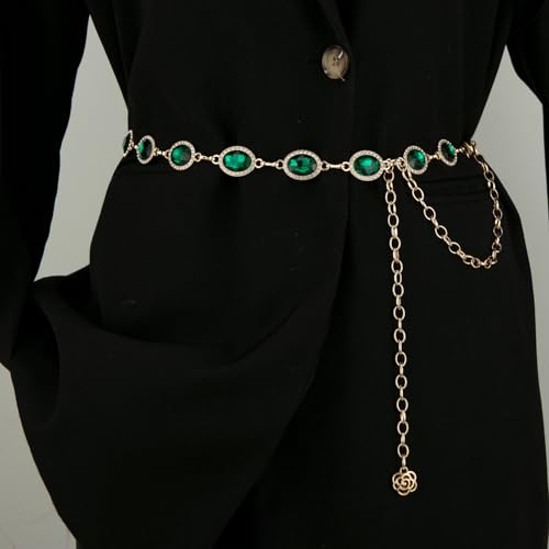 ILuvatar Green Glass Diamond Chain Belt - Metal Women's Western Style Dress Belt - color: Green-s1