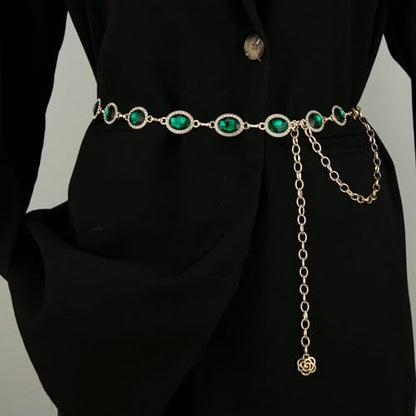 ILuvatar Green Glass Diamond Chain Belt - Metal Women's Western Style Dress Belt - color: Green-s1