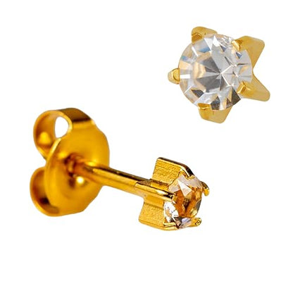 Caflon 12 Pairs April Birthstone Stud Earrings - Clear Crystal Clawset Studs, 3mm/4mm/5mm | 24K Gold Plated Stainless Steel | Hypoallergenic Nickel-Safe for Sensitive Ears | Bulk Value Pack & Gift - color: 24K Gold Plated, size: 5mm