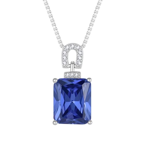 Emerald Cut Birthstone Necklace for Women 925 Sterling Silver | Baguette Birthstone Pendant Necklace, Jewelry for Mom Wife - color: Navy Blue
