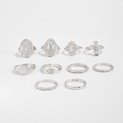 Chunky Gold Rings for Women Rhinestone Stackable Knuckle Ring Set Open Adjustable Statement Ring Set Dainty Crown Cross Midi Rings Fashion Jewelry Gift for Women - color: Silver3