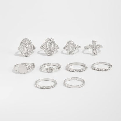 Chunky Gold Rings for Women Rhinestone Stackable Knuckle Ring Set Open Adjustable Statement Ring Set Dainty Crown Cross Midi Rings Fashion Jewelry Gift for Women - color: Silver3