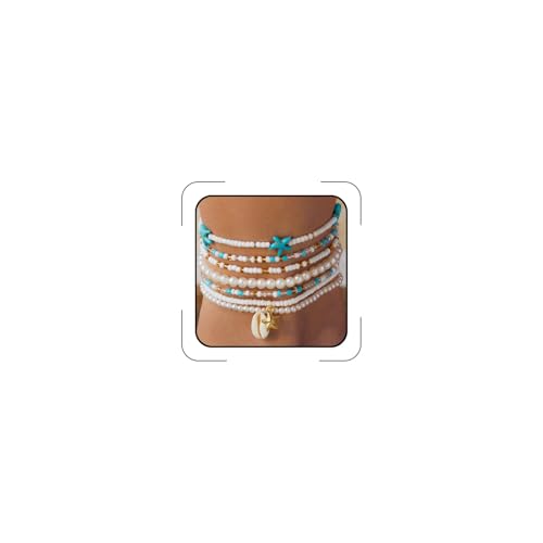 Beaded Starfish Mermaid Anklets Bracelet for Women Waterproof Starfish Shell Pearl Anklet Stackable Stretch Beaded Anklets Hawaiian Beach Jewelry Mermaid Costume Outfits Accessories - style: Rice Beads Starfish