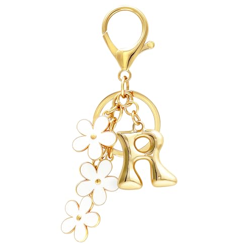 Floral Series Initial Bag Charm, Cute Flower & Bubble Letter Purse Charms, Keychain Accessories Gift for Women - color: White Flower, style: R