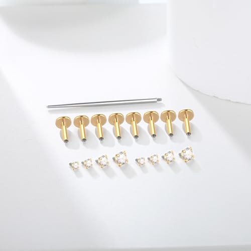 Xpircn Flat Back Stud Earrings 14K Gold Plated Internally Threaded CZ Stud Piercing Jewelry for Tragus Helix Cartilage Conch Nose Hypoallergenic Lip Labret Medusa Piercing 16G 18G - color: 16 Gauge, Gold, size: 6mm Bar