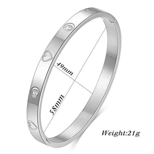 VQYSKO Love Friendship Bracelet Bangle Gold Rose Gold Silver with Cubic Zirconia Stones Stainless Steel Hinged Jewelry with Crystal Oval Bracelet Birthday Present for Her Women Teen Girls - style: 6.7 Inch-Heart-Silver