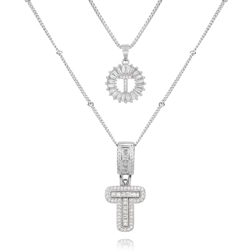 14K Gold Plated Alphabet Necklace Cubic Zirconia Letter Pendant, Personalized Name Jewelry Gift for Women, Customizable A-Z, Birthday/Mothers Day Gifts for Womens - color: White Gold, style: Style-T