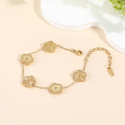 TICVSS Four Leaf Clover Bracelet for Women 18K Gold Plated Stainless Steel Lucky 4 Leaf Gold Link Bracelet Jewelry Gift for Women - color: White+Black+Gold