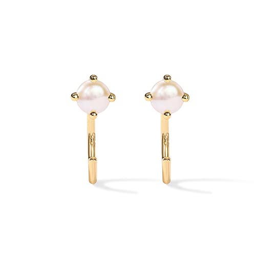 PAVOI 14K Gold 925 Sterling Silver Huggie Half Hoop Earrings for Women | Tiny Boho Colored Cartilage Earring | Blue, Green, Amethyst, Garnet, Black CZ, Turquoise, Opal, Pearl - style: Pearl