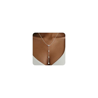 14K Gold Plated Layered Lariat Necklace for Women - Waterproof Non-Tarnish Dainty Gold Chain Necklace, Long Boho Statement Jewelry for Wedding, Prom, Summer Vacation Gifts - color: Four CZ Y Necklace-Silver