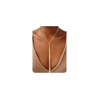 Chunky Long Y Necklace for Women, Waterproof Herringbone Drop Dangle Necklace, Adjustable Lightweight Trendy Fashion Slip Tie Necklace, Thin Layered Choker Chest Chain - color: Gold