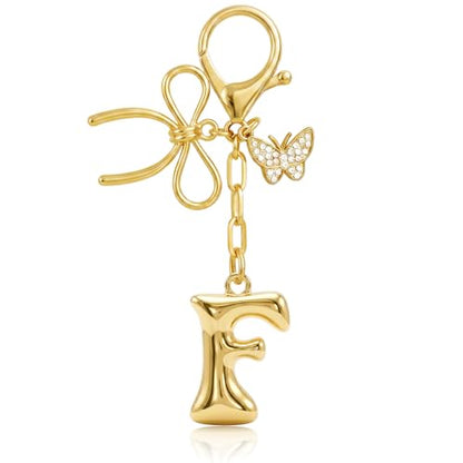 Gold Bubble Heart, Cherry, Bow & More Designs Letter Initial Keychain Bag Charms – Cute Purse Charms for Handbags - color: Bow & Butterfly, style: F