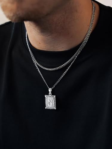 U7 Initial Letter Necklace for Men Women, 14K Gold/Silver Plated Square Capital Monogram Pendant Necklace from A-Z with 22+2 Inch Figaro Chain, Personalized Jewelry for Him - color: Silver, style: N