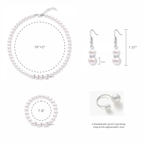 Pearl Jewelry Set, 4 PCS Jewelry Necklaces Hoop Earring Bracelet | Ladies' wedding set, made of hand selected shell pearls, sturdy, durable, will not fade, birthday gift, Valentine's Day gift