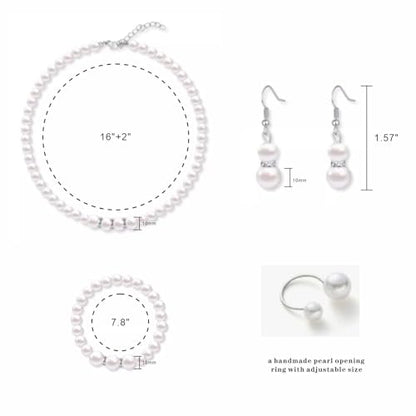 Pearl Jewelry Set, 4 PCS Jewelry Necklaces Hoop Earring Bracelet | Ladies' wedding set, made of hand selected shell pearls, sturdy, durable, will not fade, birthday gift, Valentine's Day gift