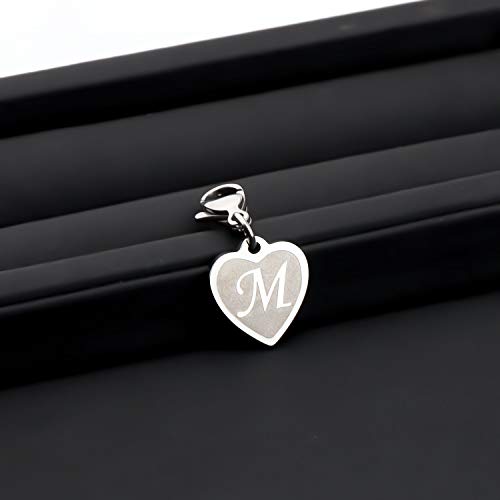 FAADBUK Initial Letter A-Z Alphabet Heart Charms for Jewelry Bracelet Keychain Necklace Initial Stainless steel Clasp Clip on Charm - color: intial M