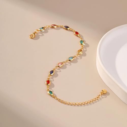 Dainty Gold Bracelets for Women, 18 Gold Plated Adjustable Evil Eye/Butterfly/Beaded/Pearl/Heart/Turquoise Handmade Bracelet for Women - style: oval colorful cubic zirconia