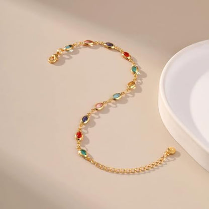 Dainty Gold Bracelets for Women, 18 Gold Plated Adjustable Evil Eye/Butterfly/Beaded/Pearl/Heart/Turquoise Handmade Bracelet for Women - style: oval colorful cubic zirconia