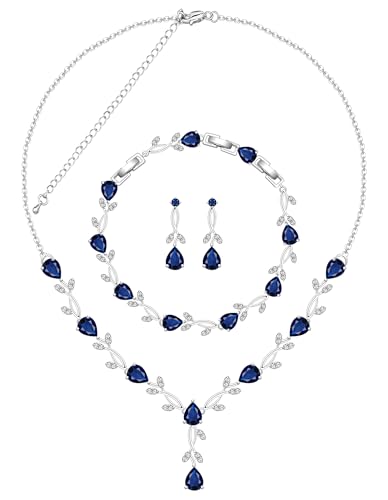 Jewelry Set for Women Bride Bridesmaid Wedding Party Prom Necklace Earrings Bracelet Set Gift for Mother Wife Friend - color: Blue