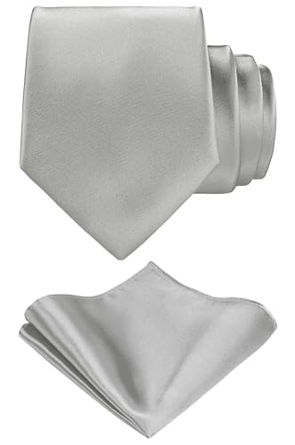 TIE G Solid Satin Woven dyed Color Formal Black Necktie and Pocket Square Sets in Gift Box - color: Heather Grey