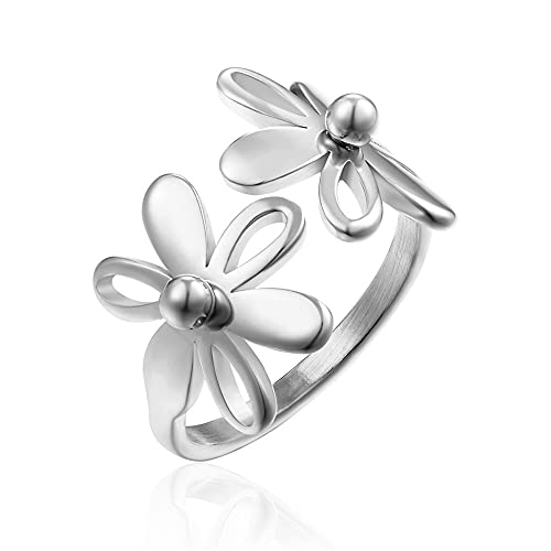 Asymmetric Sunflower Stainless Steel Wrap Open Rings for Women Cute Daisy Flowers Adjustable Statement Promise Engagement Finger Knuckle Rings Fashion Dainty Expandable Rings Christmas Thanksgiving Day Gifts - color: Silver