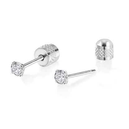Titanium Earrings Push-in Threadless Flat Back Stud Earrings for Women Men, Cartilage Earring Hypoallergenic Cubic Zirconia Earrings Studs for Helix Tragus Piercing Jewelry - color: Silver-4mm