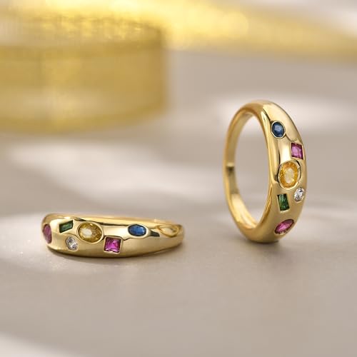 AllenCOCO Chunky Gold Plated Rings for Women - Trendy Cubic Zirconia 14k Gold Filled Stackable Rings - color: Multi-Stone Dome Ring