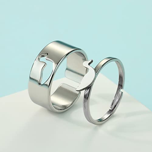 2PCS Matching Cute Animals Promise Engagement Rings for Couples Men Women Jewelry Band Sets 316L Stainless Steel Adjustable Open Ring - color: Duck-s
