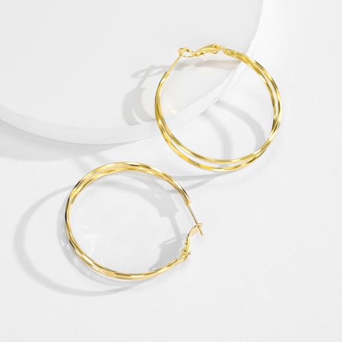 Diamond-Cut Double Hoop Earrings for Women 14k Gold Plated 925 Sterling Silver Posts Lightweight Hypoallergenic Split Hoop Earrings Trendy Jewelry Gifts for Women - color: GOLD