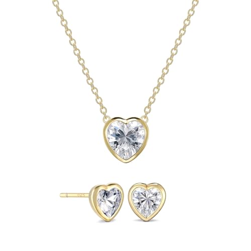 925 Sterling Silver Cubic Zirconia Necklace and Earrings Set for Women, Heart, Cushion, Round, Emerald Cut CZ, Solitaire Bezel Jewelry Set, CZ Bridal Jewelry Set, Bridesmaid Gift - style: Heart Cut(Gold)