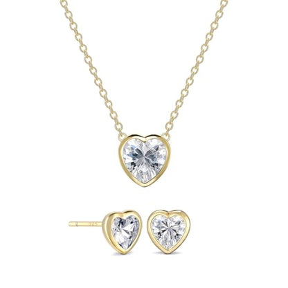 925 Sterling Silver Cubic Zirconia Necklace and Earrings Set for Women, Heart, Cushion, Round, Emerald Cut CZ, Solitaire Bezel Jewelry Set, CZ Bridal Jewelry Set, Bridesmaid Gift - style: Heart Cut(Gold)