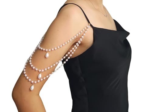 2 Pcs Pearl Shoulder Chain Detachable Bridal Arm Jewelry Layered Beaded Tassel Epaulettes for Wedding Prom Dress Sleeves Pearl Straps Accessory