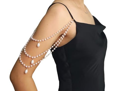 2 Pcs Pearl Shoulder Chain Detachable Bridal Arm Jewelry Layered Beaded Tassel Epaulettes for Wedding Prom Dress Sleeves Pearl Straps Accessory