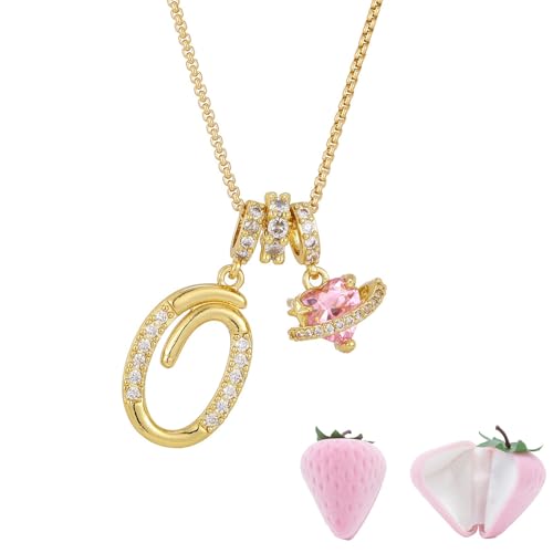 Initial Letter Necklace with Pink Heart Charm, Sparkling Zircon Alphabet Pendant in Gold or Silver Tone, Sweet Style Jewelry with Gift Box, Letter Chain for Daily Wear and Gift - color: Gold+Pink Box, size: #O